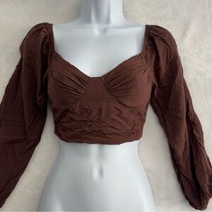 LA Hearts Pacsun Milkmaid Crop Top XS Brown Cottagecore Boho Puff Sleeve Fairy